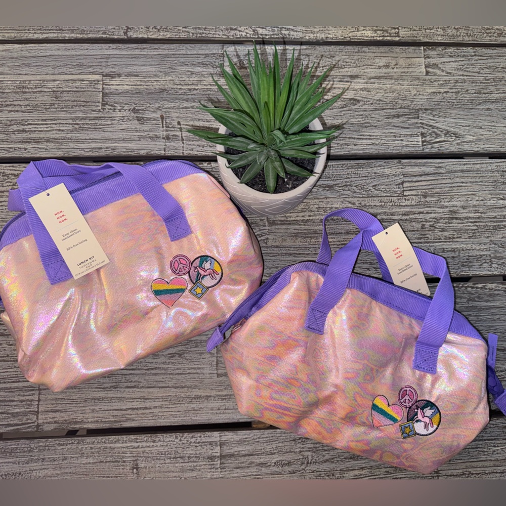 Girls Double Handle Upright Purse Lunchbag, Peace, Love, & Unicorns
